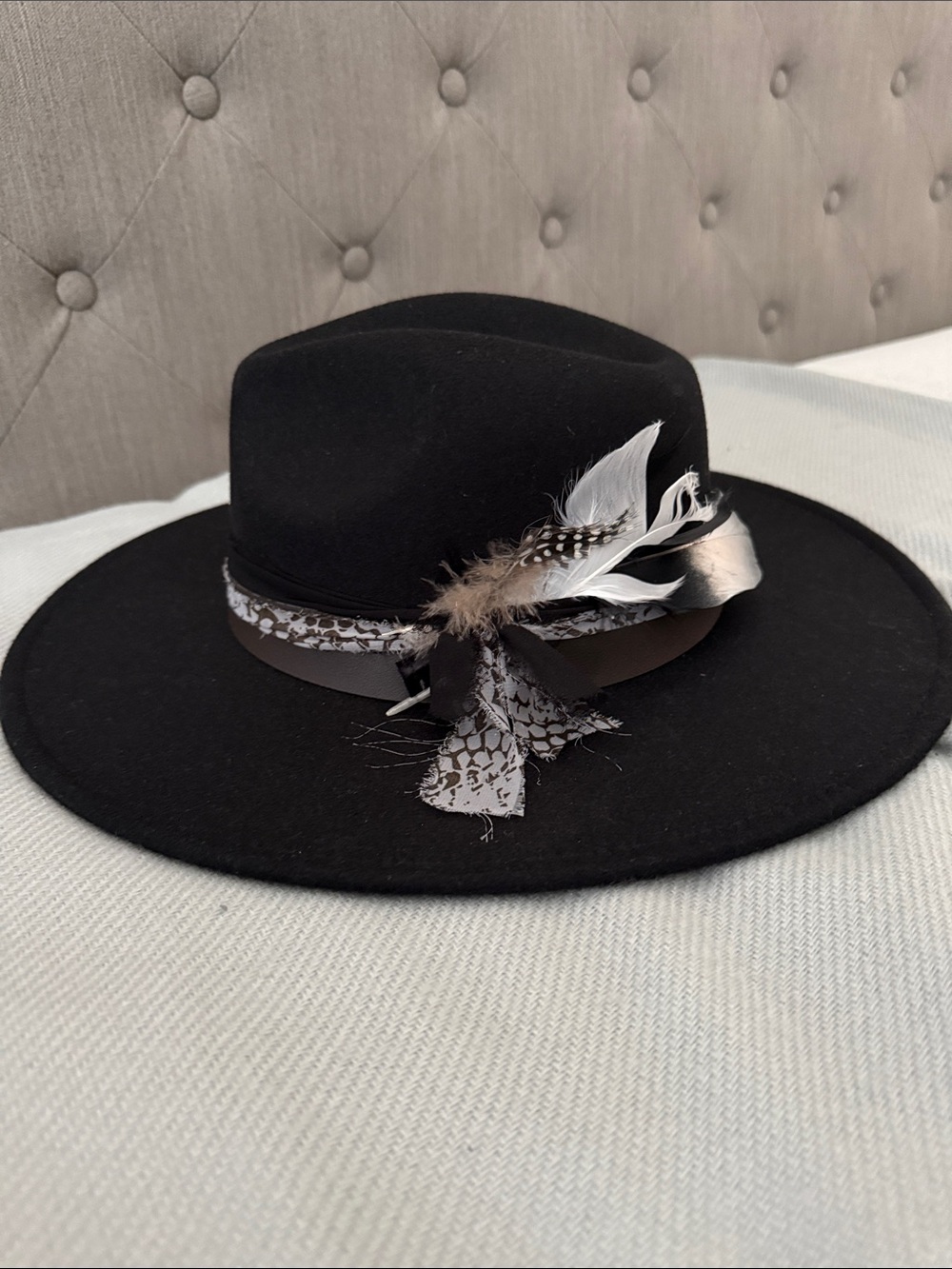 Black Wide-Brim Fedora Hat with Feather Trim One Size